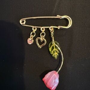 Charming Gold Safety Pin Brooch with Pink and Green Accents